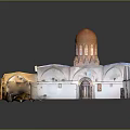 Cartoon Mosque Interior Scene With Red Striped Carpets White Patterned Pillars And Hanging Chandeliers