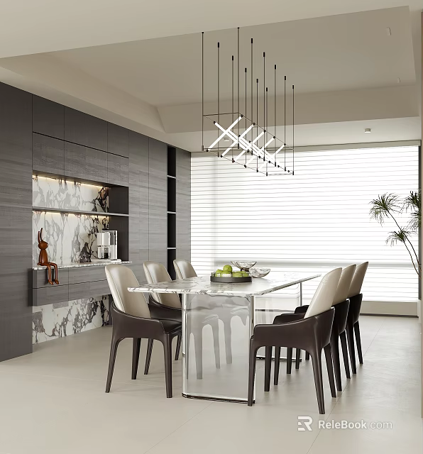 Modern Restaurant Interior With Gray Cabinets Marble Wall And Glass Dining Table 3d model