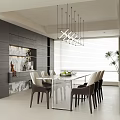 Modern Restaurant Interior With Gray Cabinets Marble Wall And Glass Dining Table 3d model