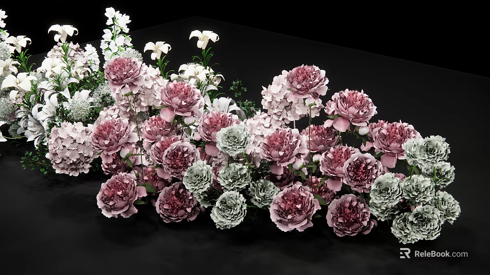 Beautiful Floral Arrangement With Pink Peonies White Lilies And Green Leaves On Black Background 3d model 