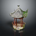 Traditional Chinese Pavilion With Tiled Roof Overhanging Eaves And Red Pillars