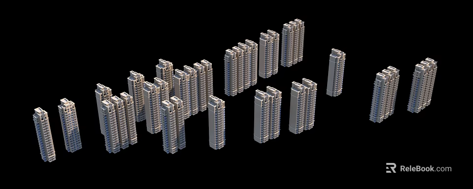 Multiple Modern High Rise Residential Buildings Arranged In Layout On Black Background 3d model 