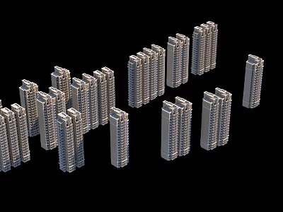 Multiple Modern High Rise Residential Buildings Arranged In Layout On Black Background 3d model