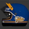 Racing Car Helmet Blue Yellow BRABHAM Branding In Player Text Transparent Visor Brown Interior