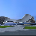 Modern Wave Shaped Architecture With White Roof And Wooden Structure Open Square Lawn Blue Sky