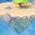 Cartoon Low Poly Island Scene With Small House Green Tree And Stones In Blue Water