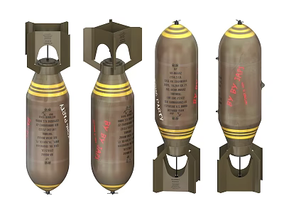 Military Explosive Bombs With Yellow Stripes Tail Fins And Red Markings 3d model