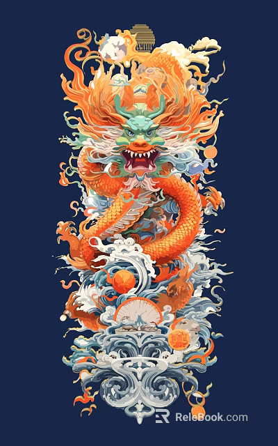 Vibrant Chinese Dragon Illustration With Flowing Waves And Flames 3d model