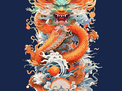 Vibrant Chinese Dragon Illustration With Flowing Waves And Flames 3d model