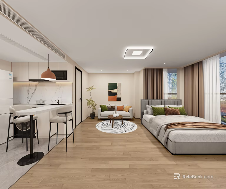 Modern Living and Dining Room Interior With Open Layout Sofa Dining Table and Area Rug 3d model 
