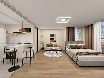 Modern Living and Dining Room Interior With Open Layout Sofa Dining Table and Area Rug 3d model