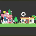 Cute Mini Commercial Buildings With Pink And Orange Exteriors Balloons Trees Tables And Decorations