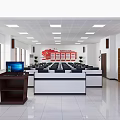 Modern Monitoring Room Interior with Control Consoles Multiple Screens and Workstations