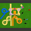 Colorful Children's Playground Equipment With Slides Climbing Frames And Animal Decorations On Green Ground