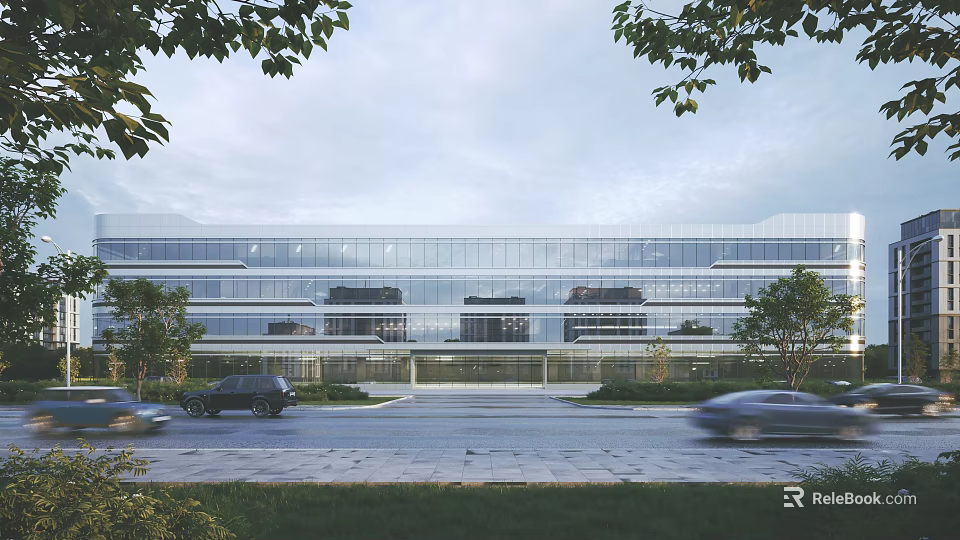 Modern Industrial Factory Building With Glass Curtain Walls Surrounding Trees Road And Vehicles 3d model 