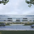 Modern Industrial Factory Building With Glass Curtain Walls Surrounding Trees Road And Vehicles