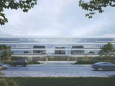 Modern Industrial Factory Building With Glass Curtain Walls Surrounding Trees Road And Vehicles 3d model
