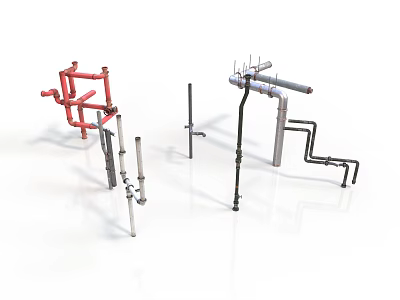 Industrial Piping Components With Red Silver Fittings And Metal Supports 3d model
