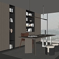 Modern Italian Study Desk and Chair Combination Bookcase Decorative Cabinet Type Chandelier Leather Stool Leather Single Chair Plant Potted Computer 3d model