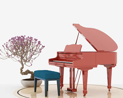 Red Grand Piano With Open Lid Blue Stool And Purple Flower Potted Plant 3d model