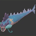 Blue Fish Like Creature With Purple Horns Red Eyes Yellow Spots Spikes And Tentacles