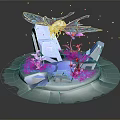 Cartoon Fantasy Scene With Purple Butterfly Stone Flowers And Small Island