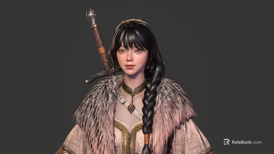 Woman With Long Braided Hair Wearing Traditional Fur Trimmed Clothing Carrying Sword And Ornate Necklace 3d model 