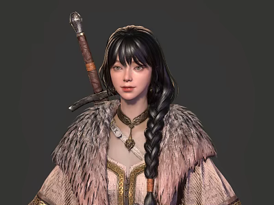 Woman With Long Braided Hair Wearing Traditional Fur Trimmed Clothing Carrying Sword And Ornate Necklace 3d model