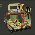 Cartoon Room Scene With Two Story Design Staircase Desk Green Plant Window And Decorations
