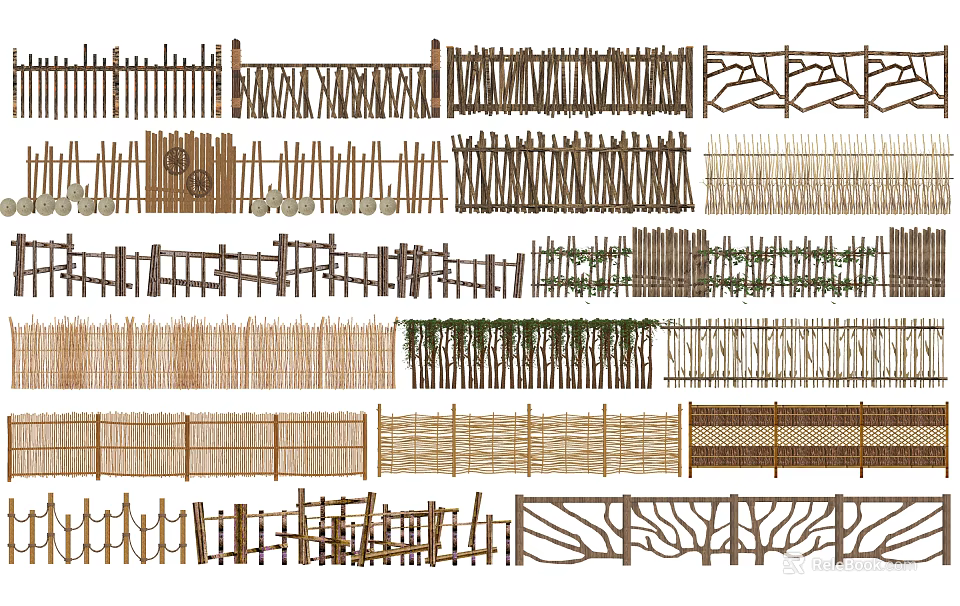 Different Types Of Decorative Garden Fences With Wooden Bamboo And Branch Styles 3d model 