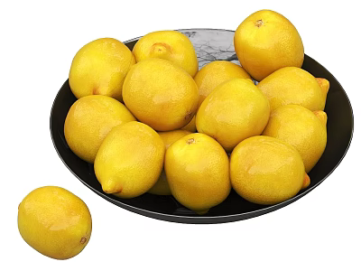 Fresh Ripe Lemons in Black Plate with Single Lemon on Side 3d model