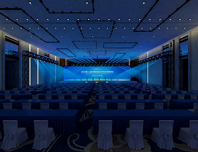 Spacious Conference Hall With Neatly Arranged Blue Tables Chairs Front Large Screen And Blue Lighting 3d model
