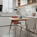 Modern Open Concept Kitchen Interior With White Cabinets Dining Table And Appliances 3d model