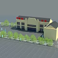 Modern Visitor Center Building with Yellow Exterior Red Signage and Surrounding Greenery Parking Lot