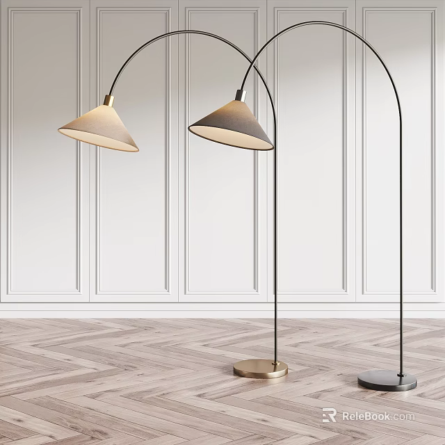 Modern Arched Floor Lamps With Gold Black Bases White Paneled Walls And Herringbone Wooden Floor 3d model 