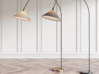 Modern Arched Floor Lamps With Gold Black Bases White Paneled Walls And Herringbone Wooden Floor 3d model