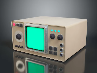 Vintage Beige Electronic Equipment With Green Screen Display And Control Panel Buttons Knobs 3d model