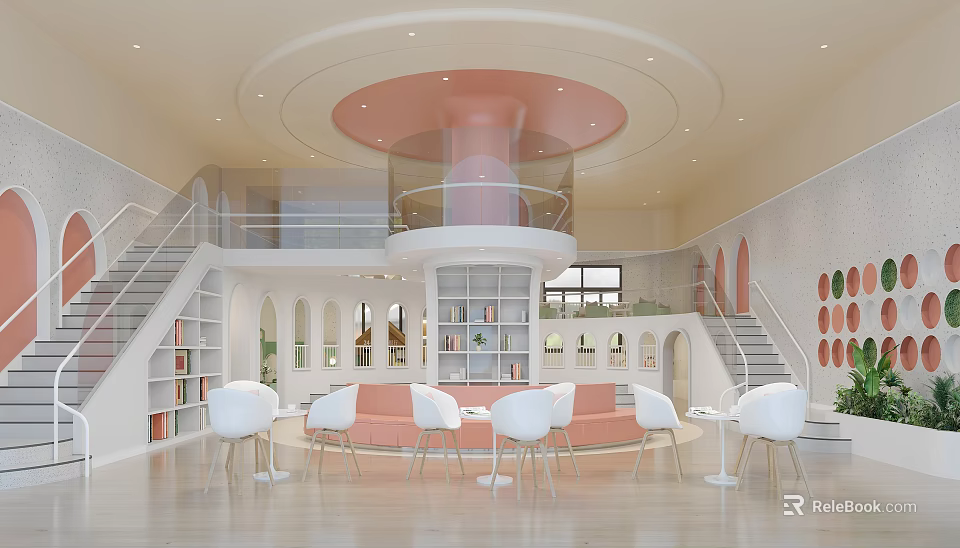 Modern Kindergarten Interior With Pink Decor Stairs Chairs And Bookshelves 3d model 