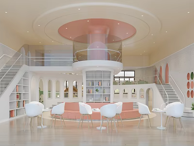 Modern Kindergarten Interior With Pink Decor Stairs Chairs And Bookshelves 3d model
