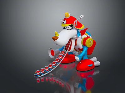 Vibrant Game Movie Cartoon Dog Character In Red Yellow Costume With Goggles And Conveyor Belt 3d model