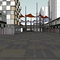 Modern Commercial Street With Retail Shops On Both Sides And Connecting Footbridge
