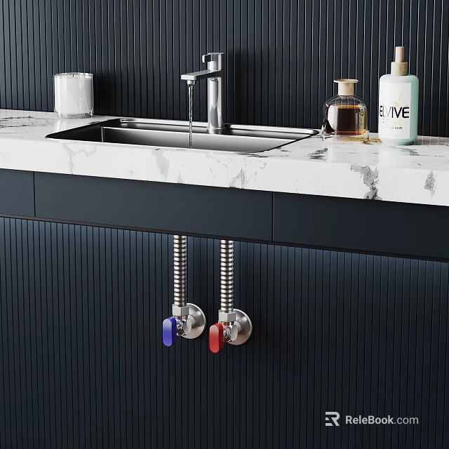 Modern Chrome Faucet with Sink on White Marble Countertop and Black Cabinets with Colorful Pipes 3d model 