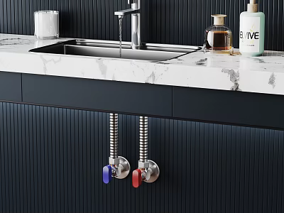 Modern Chrome Faucet with Sink on White Marble Countertop and Black Cabinets with Colorful Pipes 3d model