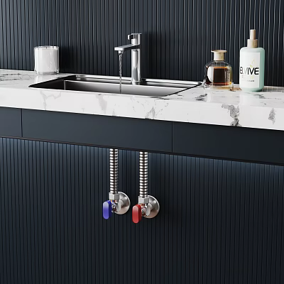 Modern Chrome Faucet with Sink on White Marble Countertop and Black Cabinets with Colorful Pipes 3d model