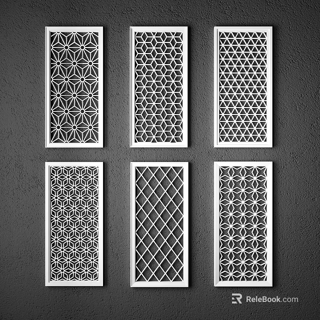 Decorative Room Partitions With Various Laser Cut Geometric Patterns And White Frames 3d model