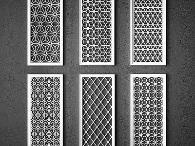 Decorative Room Partitions With Various Laser Cut Geometric Patterns And White Frames 3d model