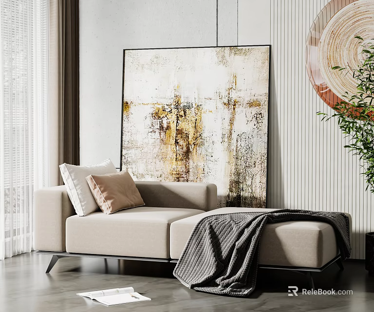 Elegant Light Luxury Beige Chaise Lounge With Knitted Blanket Throw Pillow And Abstract Wall Art 3d model 