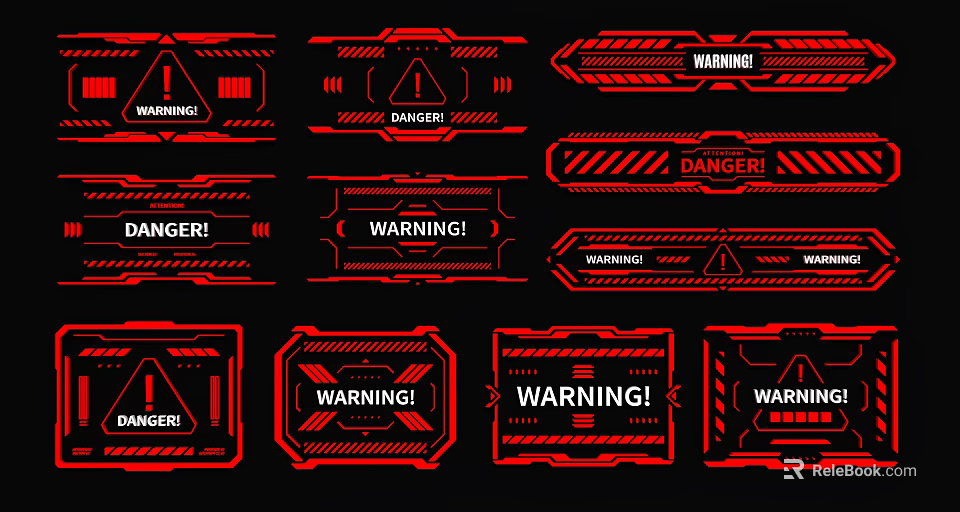 Multiple Red And Black Warning Sign Pendants With Various Shapes And Warning Danger Text 3d model 