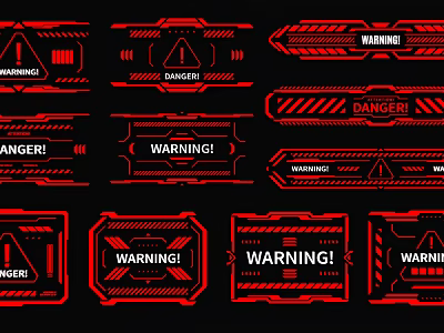Multiple Red And Black Warning Sign Pendants With Various Shapes And Warning Danger Text 3d model
