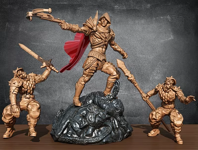 Intricate Warrior Sculptures Featuring Armor Red Cape And Weapons On Black Pedestal 3d model